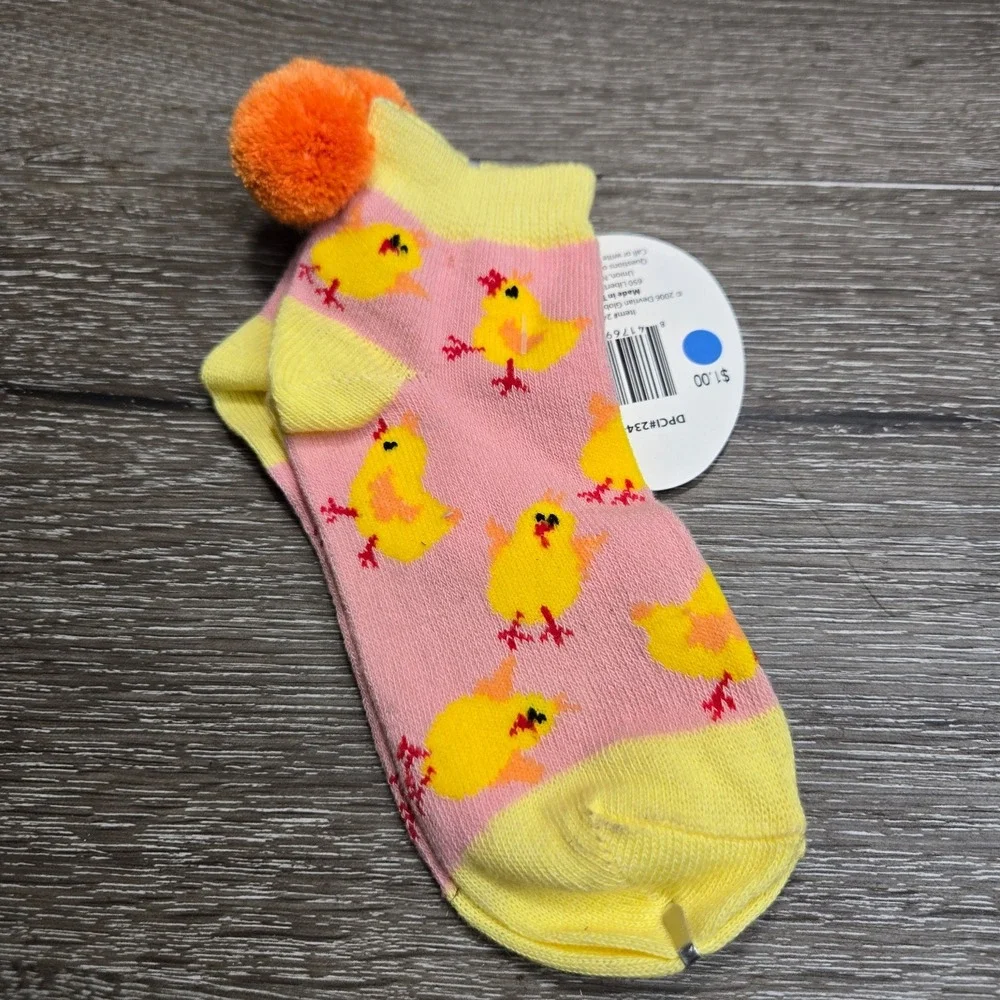 Easter Chick Ankle Socks Kids Novelty Pom Pom One Pair New
